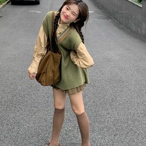 이지캐주얼셔츠 학원 무드 작은 키 캐쥬얼 베이지칼라 그린 베스트 조끼 플리츠 스커트 룩 2406472365