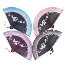 박씨상방 국내제작고급 실크부채반짝이 꽃나비+매듭+부채집, 보라