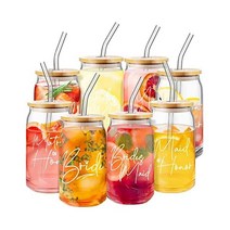 8피스 들러리 선물 아이스 커피 컵 대나무 뚜껑과 유리 빨대 포함 473 2ml(16온스) 메이슨 병 컵 신부 캔 모양 음료 잔 귀여운 텀블러 컵 브라이덜 샤워 선물 처녀 파티 용
