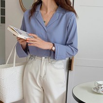 브이넥 오픈 카라 베이직 블라우스 셔츠 여성 남방 긴발