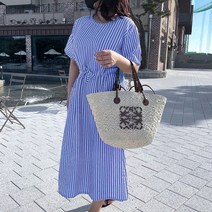 [비비애르] 포켓 단가라 지지미 반팔 원피스 여름 스트링 스트라이프 포카리 롱원피스