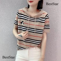 BestStar 여름여성 반팔 니트 후드 티셔츠 자수미키 스트라이프 후드티