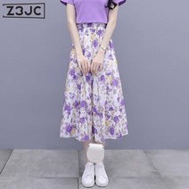 Z3JC 미디엄 롱 하이웨이스트 쉬폰 퍼플 코디 플라워 스커트