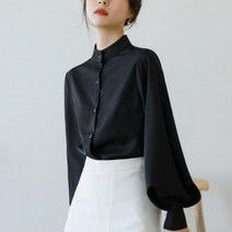 F09114 깔끔 풍성한 볼륨 소매 하이넥 블라우스 B/L