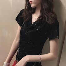 여름 슬림 브이넥 블링블링 스팽글 반팔 티셔츠 lksyaor5