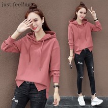 just feel!ng 여성 후드 맨투맨 가을 긴팔 풀오버 루즈핏 와일드 코트 트렌치 티셔츠 단컬러 후드티