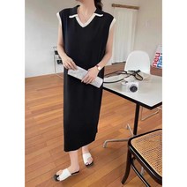 썸머바이브 심플 카라 민소매 배색 니트 롱원피스