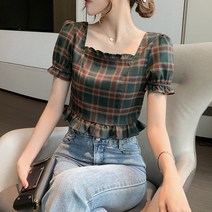 블라우스 여름 레이스 셔츠 프릴 린넨 그린 체크 프릴