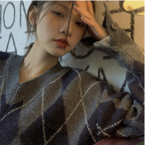 아가일 겨울 롱 니트 원피스 브이넥 루즈핏