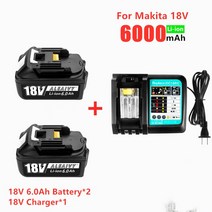 마끼다 호환 배터리 충전기 BL1860 18 V 6000mAh 리튬 이온 18v BL1840 BL1850 교체 백업 밧데리, 2PC6.0Ah-1PC충전기