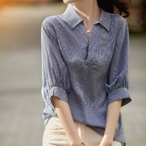 하젤 노라 잔체크 뒷단추 시폰 블라우스_M1233