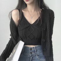 넷투넷코리아 여성 가디건 투피스 크롭 민소매 니트 꽈배기 티셔츠