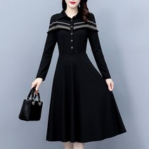 빅사이즈 여성의류 블랙 긴 소매 태슬 봄가을 2022 뚱뚱한 슬림핏 미드 롱원피스 4582469189