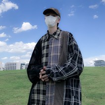 가을 남친 흑백 반반 체크 오버사이즈 캐주얼 긴팔 셔츠