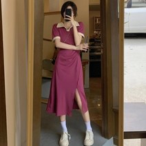 여자 절개 플레어 카라넥 반팔 스트릿 무지 롱원피스