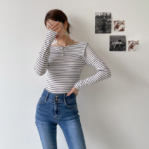 봄신상 오프숄더 스트라이프 단가라 긴팔 티셔츠