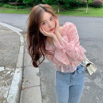 빅사이즈긴팔셔츠 핑크 쉬폰 부스지다 플라워 여성 봄 여름 2022 소프트스타일 숏 스퀘어넥 러블리 긴소매 4818809439