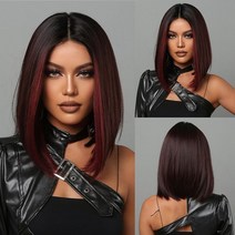 가발 Bob Wigs For Women Short Black Wig With Red Highlight Middle Part, [02] LC2054-1
