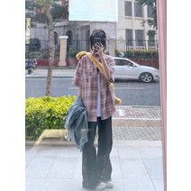 한국판 힙합 빈티지 타탄체크 반팔셔츠 여여름 루즈핏 오버사이즈 커플룩