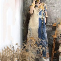 SAMARA 여름시즌 뉴타입 디지털 프린팅 모시메리 얇은타입 대비색상 태슬 복고 원피스 롱스커트 짧은소매 원형깃 여성