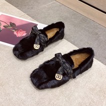 밍크 모피 패션 원스텝 플러스 벨벳 플랫 완두콩 신발