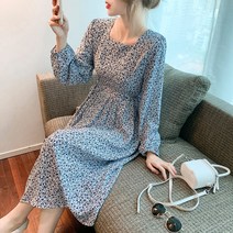 스타일아유 여자 스퀘어넥 잔꽃 플라워 소매퍼프 쉬폰 롱 원피스 드레스 봄 가을 간절기