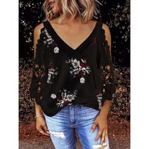 화이트 블랙 셔츠 레이스 오프숄더 블라우스 여름 v넥 콜드 숄더 탑스 컷 아웃 플로랄 프린트 반팔 티셔츠 스플라이싱 뉴 캐주얼 루즈