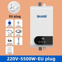 가정용전기보일러 전기 순간온수기 110v 220v 미니 주방 욕실 벽 마운트 샤워 세트와 lcd 온도 표시 돼지꼬리히터 대체 심야 전기온수기 상향식, 220v-5500w-EU 플러그