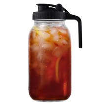 뚜껑이 있는 유리 피처 - 가 1.9L(2쿼트) 메이슨 병 피처 1.9L(64온스) 넓은 입구 누출 방지 저그 야외용 썬티 아이스 티 물 커피 주스 우유 및 음료 (그레, 64 oz, Black