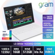 [한컴오피스 / 무선마우스증정 ] LG전자 그램16 16ZD95Q-GX56K 16인치 노트북, 16ZD95Q, WIN11 Home, 16GB, 512GB, 코어i5, 화이트