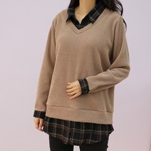 빅걸스토리 여성 빅사이즈 카라 체크남방 레이어드 긴팔티