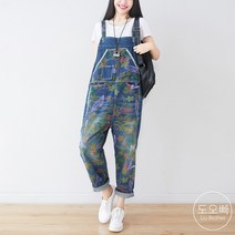 도오빠 여성 데님 멜빵바지 일자핏 청바지 점프슈트 스트레이트진 꽃무늬 데님팬츠 원피스 여자청바지