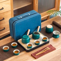 일본 다기 세트 찻잔 중국 도자기 다도 이효리 1인-6인 여행용 캠핑용 휴대용 가죽가방, 파란색 가방 - 검정 - A