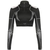 여성 긴 소매 반 지퍼 업 크롭 컷 아웃 콜드 어깨 버클 메쉬 티셔츠