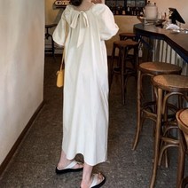 쉬폰원피스 뒷리본포인트 U넥 퍼프소매 체형커버가능 롱원피스_[230308EA]