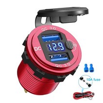 12/24V 알루미늄 금속 36W QC3.0 듀얼 USB 자동차 충전기 소켓 방수 전압계 스위치 빠른 충전 어댑터, Red Blue with Wire