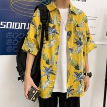 DAPANDA 여름 얇은 반팔 셔츠 남방 남자 스타일 루즈한 항풍 데일리룩 코디 bf 5부 소매 비치 플라워 톱