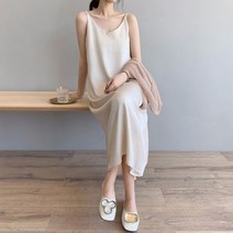 봄여름 네모 실키드롭새틴 롱 원피스 민소매 심플 원피스
