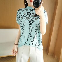 남행선 꽃무늬 반팔 니트 여성 티셔츠 하프 칼라 풀오버 코튼 플로랄 패턴 베이스 스웨터