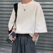 남성 캐주얼 라운드 넥 탑 심플 느슨한 와플 반팔 티셔츠