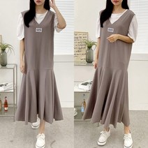 쉬즈미 브이넥 민소매 플레어 롱원피스 레이어드 (OPS-946)