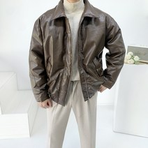 남자 오버핏 겨울 빵빵한 덕다운 오리털 비건레더 가죽 블루종 카라 패딩 점퍼 자켓