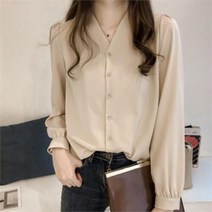 셀러허브(잡화) 여자 브이넥 노카라 셔링긴팔 무지 블라우스