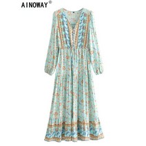 빈티지 여성 랜턴 슬리브 보라색 꽃 프린트 비치 보헤미안 v넥 맥시 드레스 레이온 여름 Boho 가운