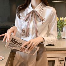 가을 여성 프린트 리본 리본 디자인 코디 화이트 쉬폰 긴팔 셔츠