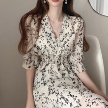 맘룩 명품스타일 엄마등원룩 아줌마큰옷 원피스 빈티지 한국 패션 의류 여름 슬림 탄성 허리 라인 v 넥 우아한 사무실 레이디 꽃 세련된 쉬폰 긴 드레스 레트로