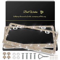 QUANQIUFEI 여성용 블링 번호판 프레임 2팩 반짝이는 라인스톤 다이아몬드 자동차 액세서리 글리터 크리스탈 캡이 있는 수제 스테인리스 스틸 커버 (블랙) 665082, Champagne