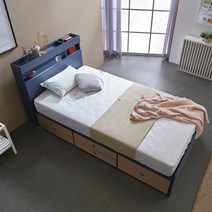 [케이컴퍼니본사] 이음수납헤드 슈퍼싱글 서랍침대세트(본넬양면매트), 네이비메이플