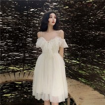 웨딩드레스 메쉬 프릴 슬래시 넥 오프 숄더 레이스 업 여성 여름