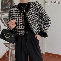 just feel!ng 여성 봄 빈티지 프리미엄 숏 코트 긴팔 트위드 자켓 한라인 버튼 여자정장